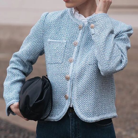 Goelia Tweed Round Neck Jacket Blue White Jacquard - Picture 13 of 13